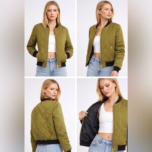 Mistress Rocks Olive Quilted Bomber Jacket Gold Zip Size Small